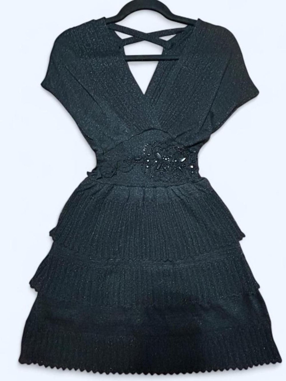 MANGO SUIT Vintage Metallic Knit Whimsigoth Tiered Black Mini Dress XS